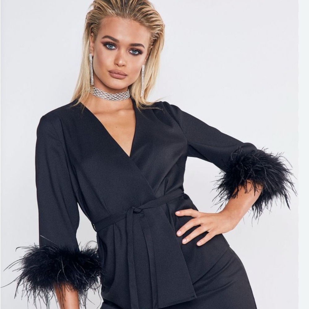 Boohoo Premium Black Jacket with Feather Sleeves